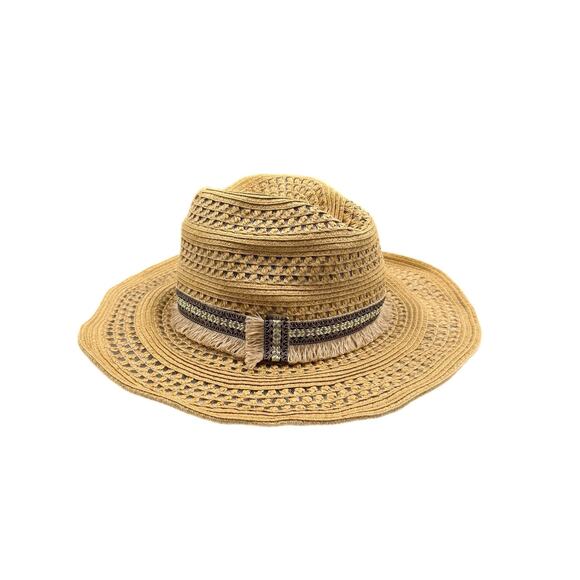 Scala OS Embroidered Fringe Tan Straw Woven Wide Brim Beach Summer Outdoors Hat main image 4